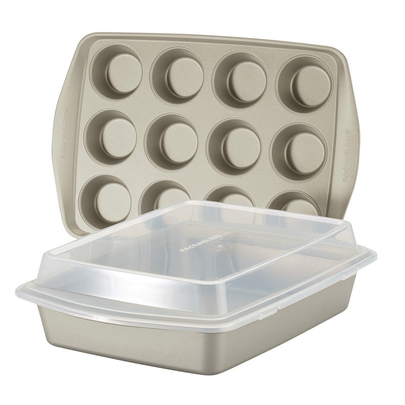 Rachael Ray Nonstick Bakeware Set without Grips includes Nonstick Baking Pan with Lid and Muffin Pan / Cupcake Pan - 3 Piece, Silver - Image 1